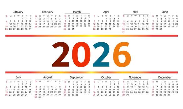 Compact 2026 Calendar Year Layout With Color Gradient Bars And Month Grids. vector