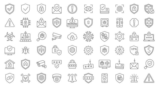 Security Line Icons Set. A Collection Of 60 Thin Line Editable Stroke Icons Representing Safety, Privacy, Protection, Locks, Alerts, And Shields. Perfect For Security Systems, Cyber Protection. vector