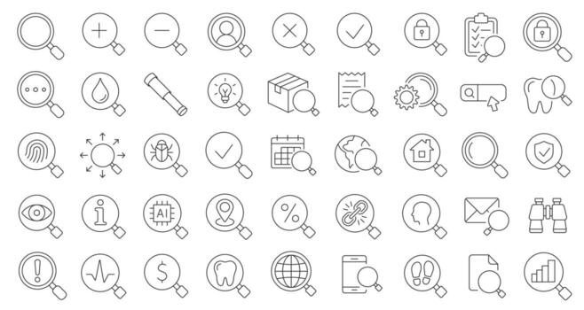 Search Line Icon Set. A Collection Of 45 Clean Thin Line Icons Featuring Magnifying Glass, Search Tools, Security, Data, And Information Concepts. Perfect For Apps, Websites. Isolated Image. vector