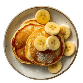 Stack of pancakes with banana slices, powdered sugar and maple syrup on plate isolated on transparent background png