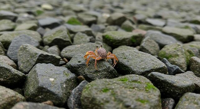 Alert and watchful, a small crustacean with intricate patterns stands out against a backdrop of green mossy pebbles on a rugged shoreline photo