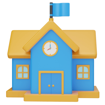 3d ícone escola construção com azul e amarelo cor com relógio png