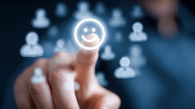 Person selecting a glowing happy face icon on a blurred digital social network interface symbolizing user satisfaction and positive feedback concept photo