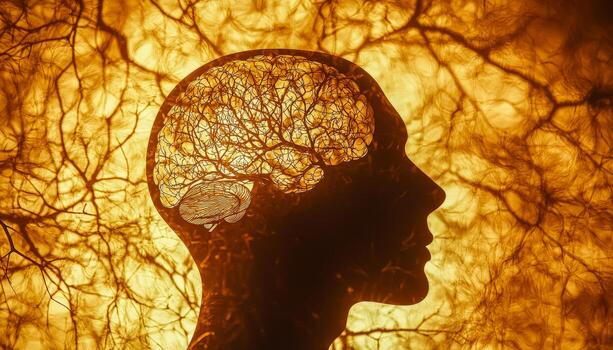 Abstract silhouette of a woman's head with illuminated brain and neural network background photo