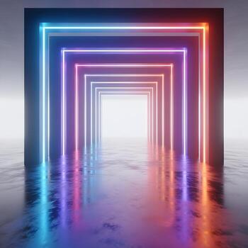 Infinite neon tunnel with colorful glowing lights reflecting on a wet, glossy floor, creating a futuristic and abstract atmosphere photo