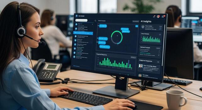 Customer service representative wearing headset working on computer with data analytics dashboard. photo