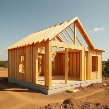 Partially constructed wooden house with frame and roof supports in progress photo