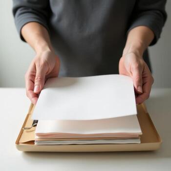 Hands placing white papers in tray with folder on clean white work desk photo