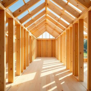 Framed wooden structure under construction with beams and roof framework photo