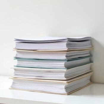 Tall stack of paper files with colored folders on white surface in soft light photo
