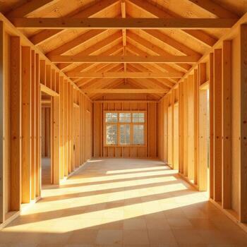 Wooden interior framing of house with structured wall layout and daylight from large window photo