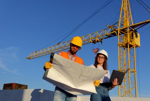 Construction workers in helmet discussing blueprint on building site with crane. photo