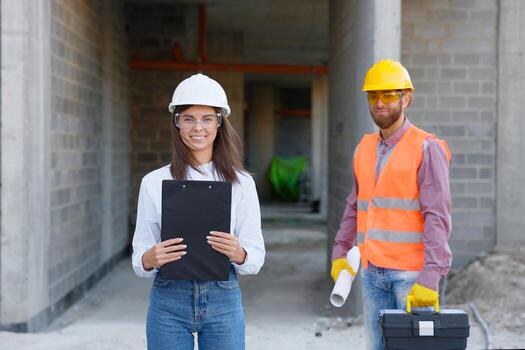 Construction engineers discussing building project at construction site. photo