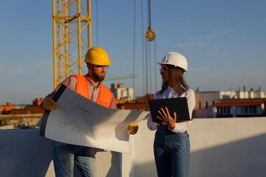 Construction workers discussing blueprint on building site. photo
