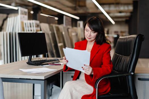 Saleswoman analyzing documents while sitting at desk in furniture store in red coat photo