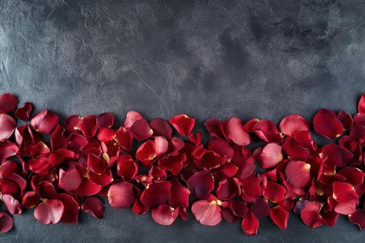 Dark grey surface with a line of red rose petals photo
