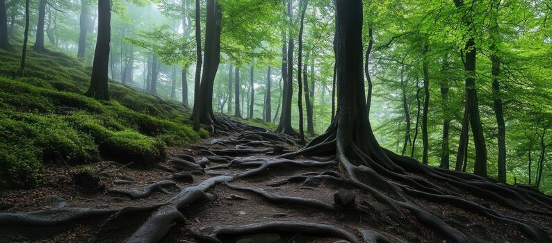 a forest with many trees and roots photo