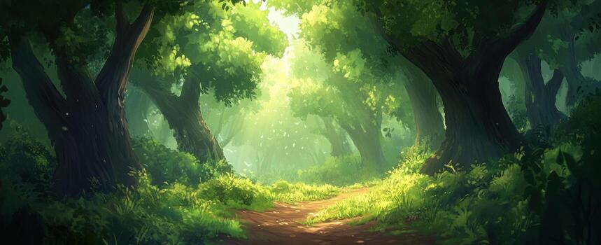an animated forest scene with trees and a path photo