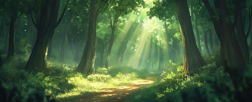 an illustration of a forest path with sunbeams shining through it photo