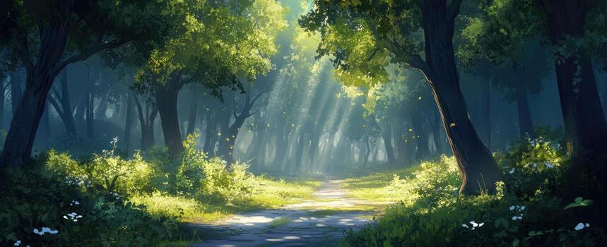 an artistic painting of a path through a forest photo