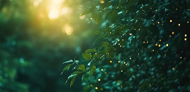 Lush forest scene with glowing fireflies photo