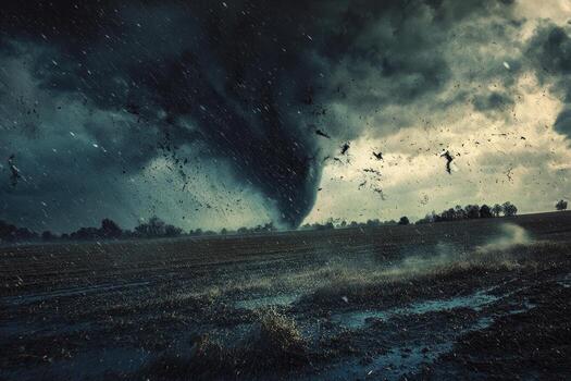 Powerful twister over a field photo