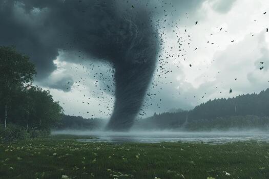 Powerful tornado over a misty lake photo