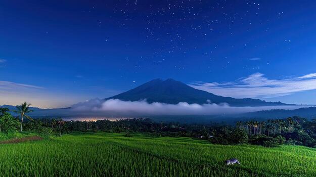 A green field with a mountain in the background at night photo