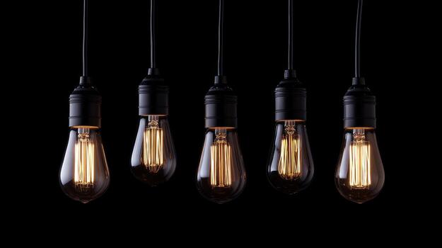 Five light bulbs hanging from a black background photo