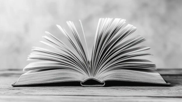 An open book on a wooden table photo