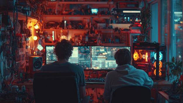 Overstuffed, cozy room with two people sitting at a computer desktop photo