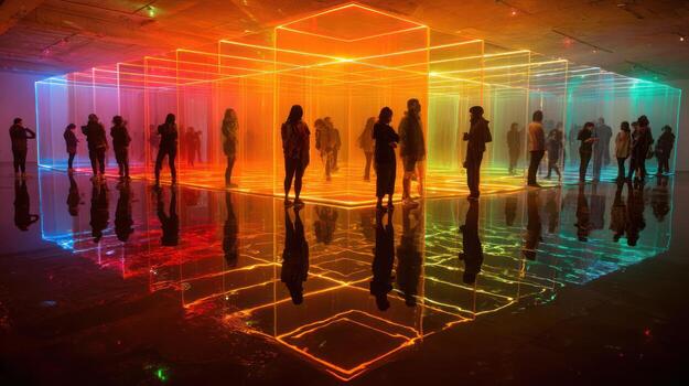 People explore an illuminated space, framed by glowing, colorful geometric light structures photo