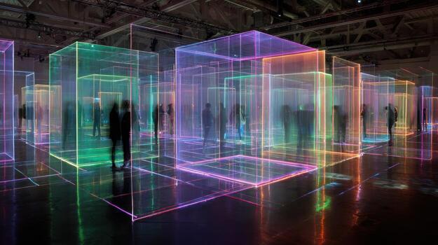 A neon-lit, immersive art installation featuring glowing cubic enclosures and silhouetted figures photo