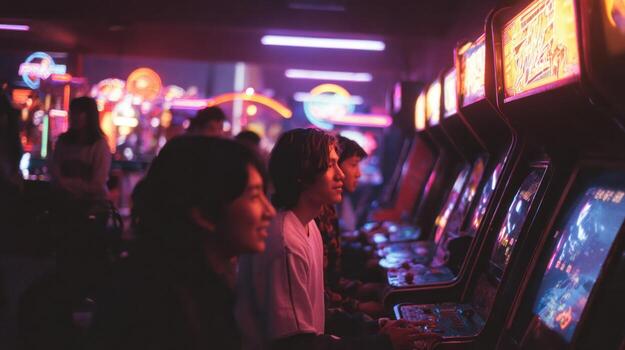 Group of friends enjoying a night out at a brightly lit arcade, playing games photo