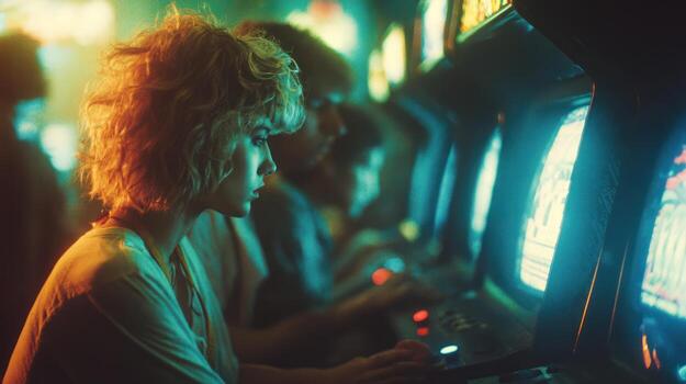 People gaming in a dimly lit arcade, focused on the glowing screens photo