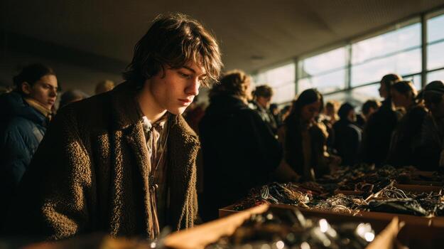 A young man browses at a crowded flea market, lit by sunlight. photo