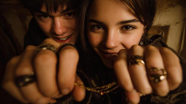 Two smiling teens hold up bejeweled hands, close-up, warm lighting, creating a slightly sinister vibe photo