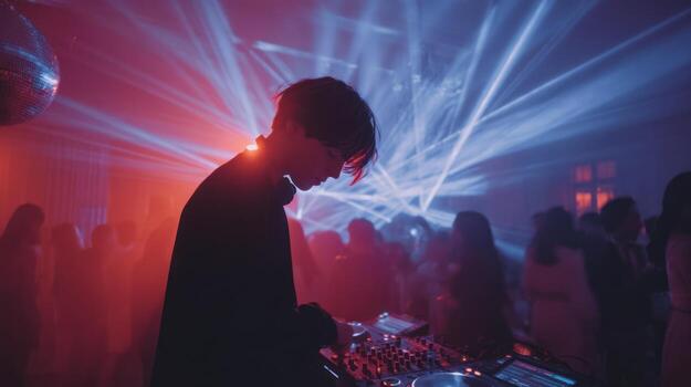DJ at a club, silhouetted, with neon lights and crowd in the background photo