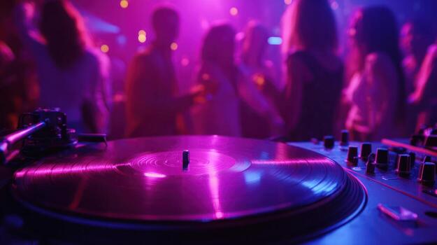 Close-up of a record player with a blurred crowd in the background, lit by colorful lights photo