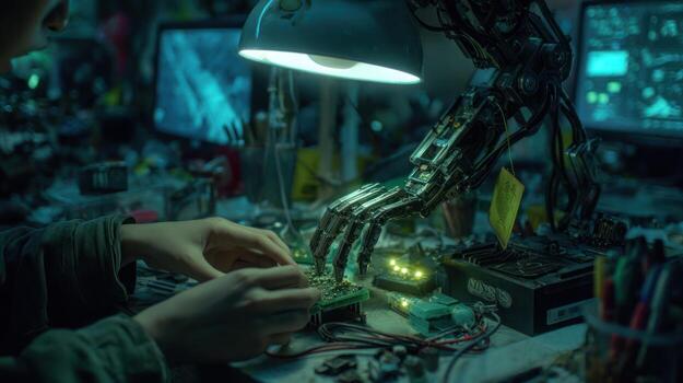 A person meticulously works on circuit boards alongside a robotic arm under a desk lamp photo