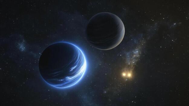 Two distant planets in a deep space nebula photo