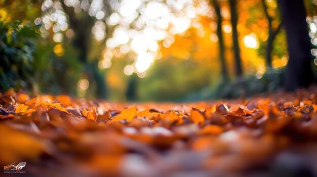 Autumnal forest floor. A low-angle view of fallen leaves photo