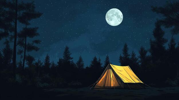 Camping under a full moon in a dark forest photo