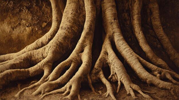 Close-up view of large tree roots photo