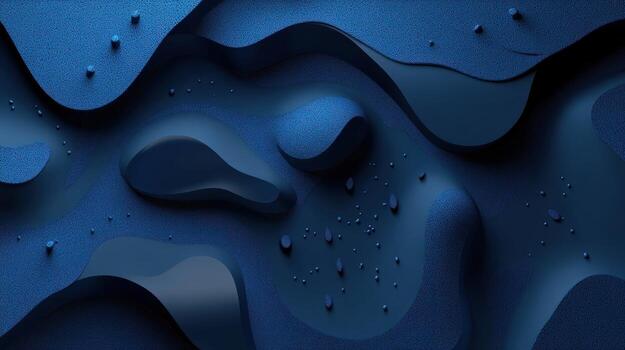 Abstract 3D rendering of a textured, undulating navy blue surface with scattered small spheres, creating a depth of field and organic shapes photo
