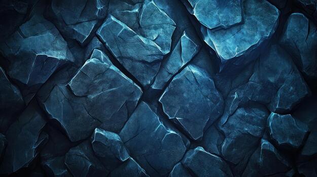 un digital ilustración de un oscuro azul, tosco Roca pared textura, con profundo oscuridad y irregular, fragmentado Roca formas el color es coherente, creando un Frío, misterioso atmósfera foto
