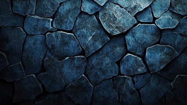 un de cerca muestra un azul oscuro, irregularmente conformado Roca muro, con profundo grietas y ensombrecido areas sugerencia años y textura. el piedras son estrechamente equipado juntos creando un bruto, desigual superficie foto