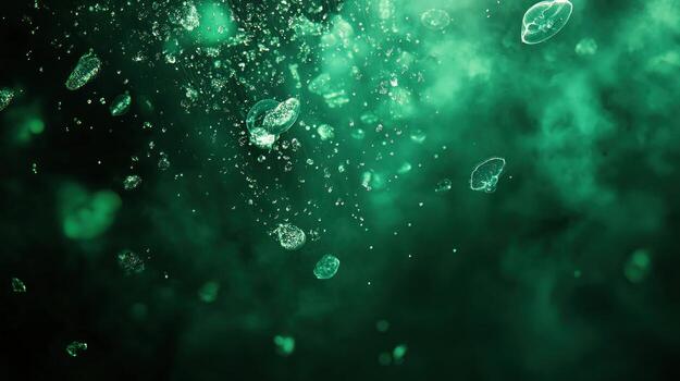 Esmeralda verde gaseoso nube con translúcido, bioluminiscente partículas flotante y dispersando. un oscuro, malhumorado, resumen antecedentes foto