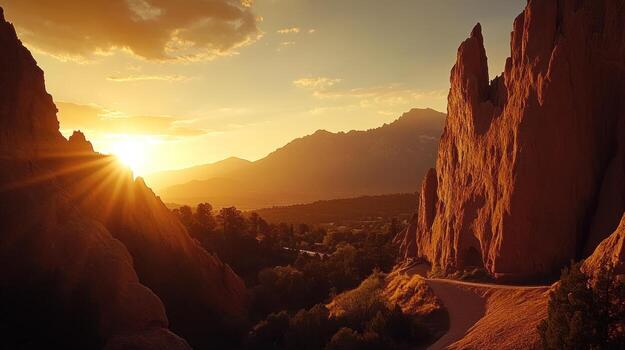 A vibrant sunset bathes a mountainous landscape in warm, golden light, illuminating towering rock formations and a winding path leading into a valley nestled between them photo