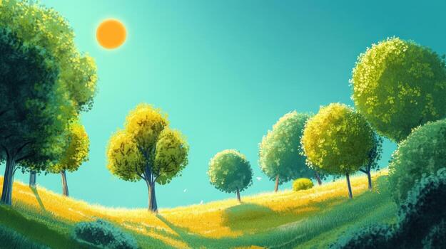 Sunny hilltop meadow with trees photo